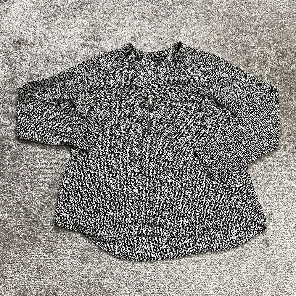 Express Blouse Shirt Womens Large Black and White Long Sleeve Stretch 1/4 Zip